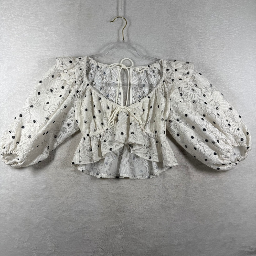 For Love & Lemons White Polka Dot Lace Puff Sleeve Crop Top XS CT1886-FA22